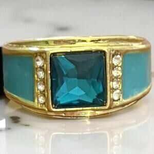 Teal blue and white crystal stones gold men's ring New